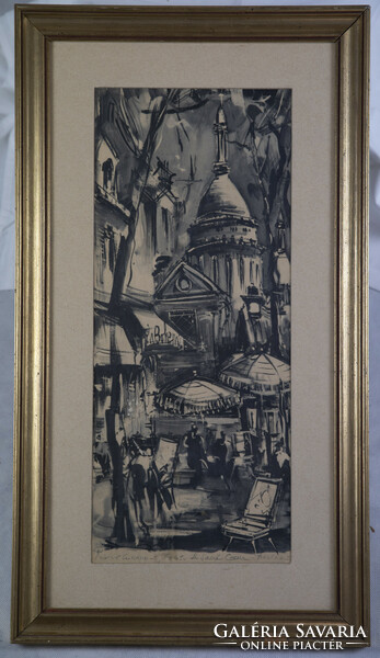 Francia impresszionista monokróm párizsi utcai jelenet akvarell festmény Marius Girardtól