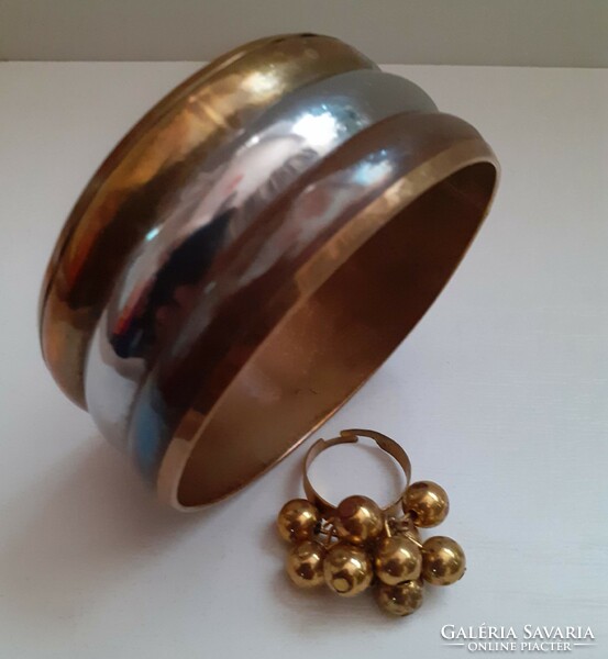 Retro sparse wide three color copper bracelet with matching ring