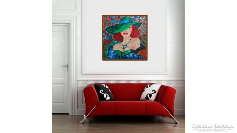 ---- Woman in green hat --- painting, abstract