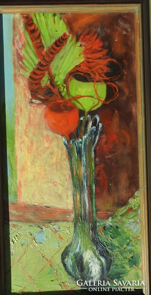 Ismeretlen festőművész - Mák szárazvirág csokor  csendélet - jelzett - olaj / vászon