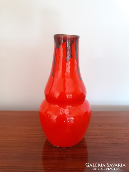 Retro old ceramic vase with red mid century ornamental vase