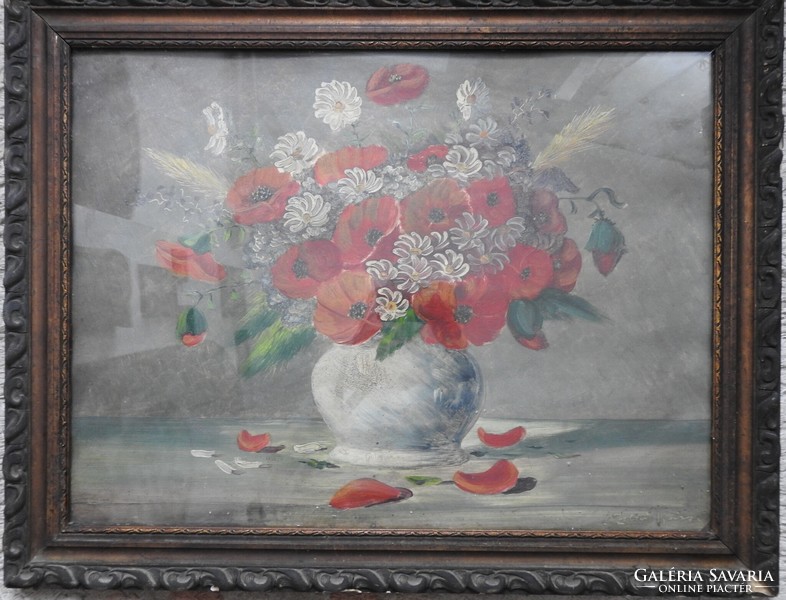 An antique poppy and daisy flower still life - unknown creator - is indicated