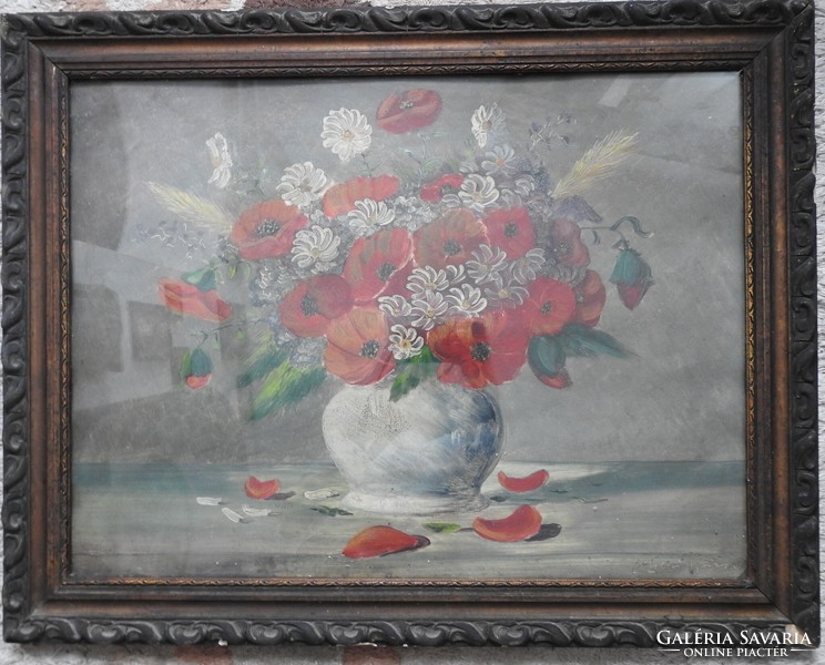 An antique poppy and daisy flower still life - unknown creator - is indicated