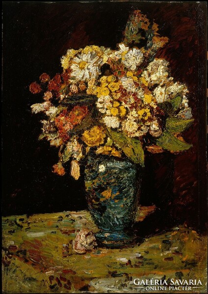 Monticelli - flowers in a blue vase - canvas reprint on a blind