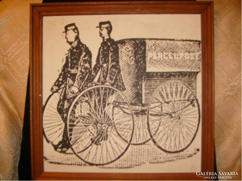 E10 French postmen at work in antique ink paper frame 43 x 43-cm