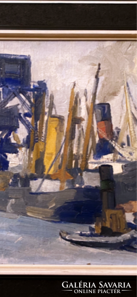 Modern Art Ipari kikötők olajfestmény - 1960-70