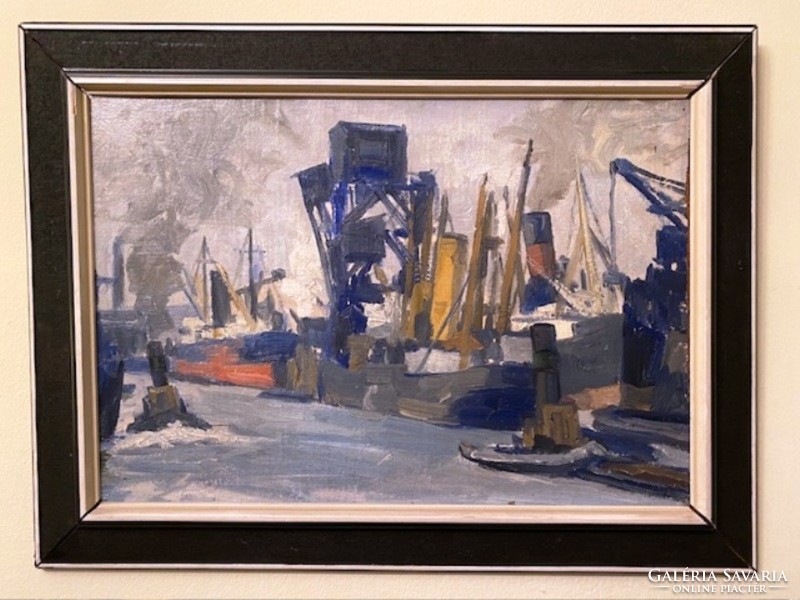 Modern Art Ipari kikötők olajfestmény - 1960-70
