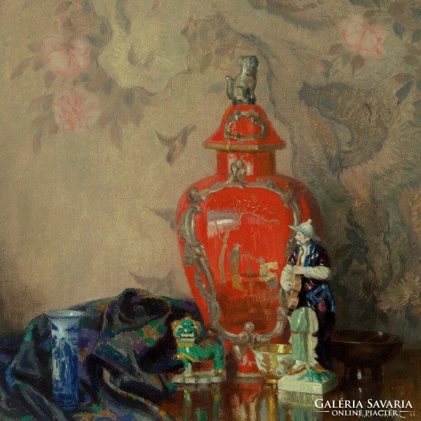 Emil Carlsen - Csendélet vörös urnával és ázsiai figurákkal - vászon reprint vakrámán