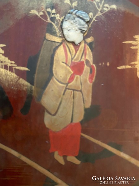 Antik Japán Kézzel Festett Lakk Festmény