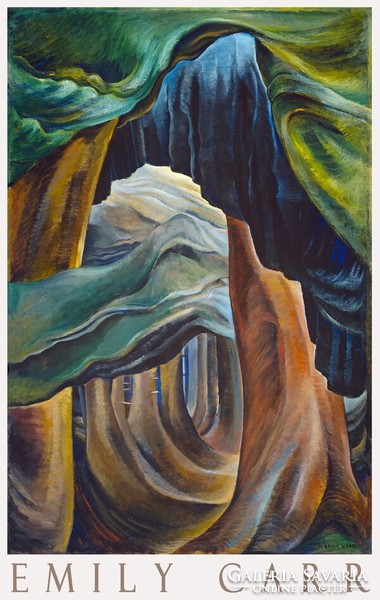 Emily Carr Erdő 1931 (fél)absztrakt festmény művészeti plakátja, öreg fák vastag törzs zöld lomb