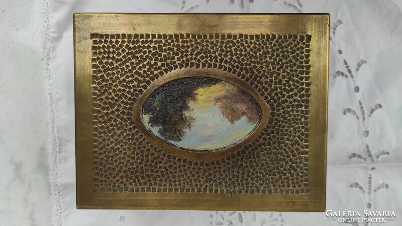 Art deco, Szecesszió réz ékszeres gyűjteményes doboz làdika festmény a tetején! 2:kg súlyú