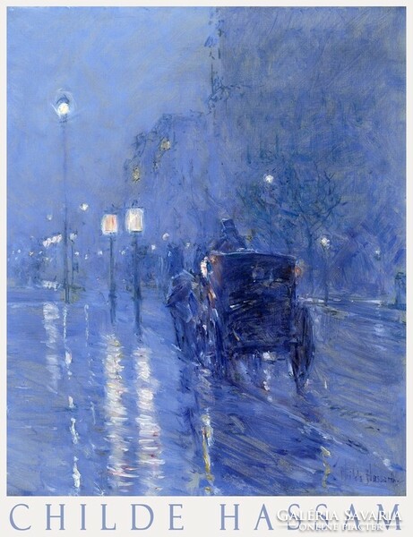 Childe Hassam Esős éjfél 1890 festmény művészeti plakátja, éjszakai utcakép automobil lámpák éjkék