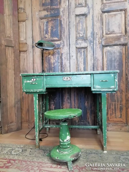 Desk, early 20th century, real vintage piece with copper accessories, pure wooden furniture