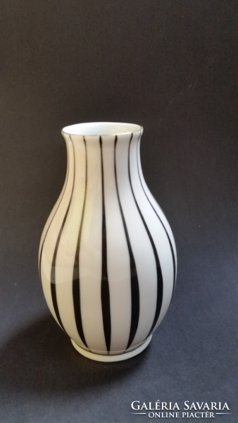 Sándor Koczor's Hólloháza porcelain black and white striped vase is 11.5 cm high
