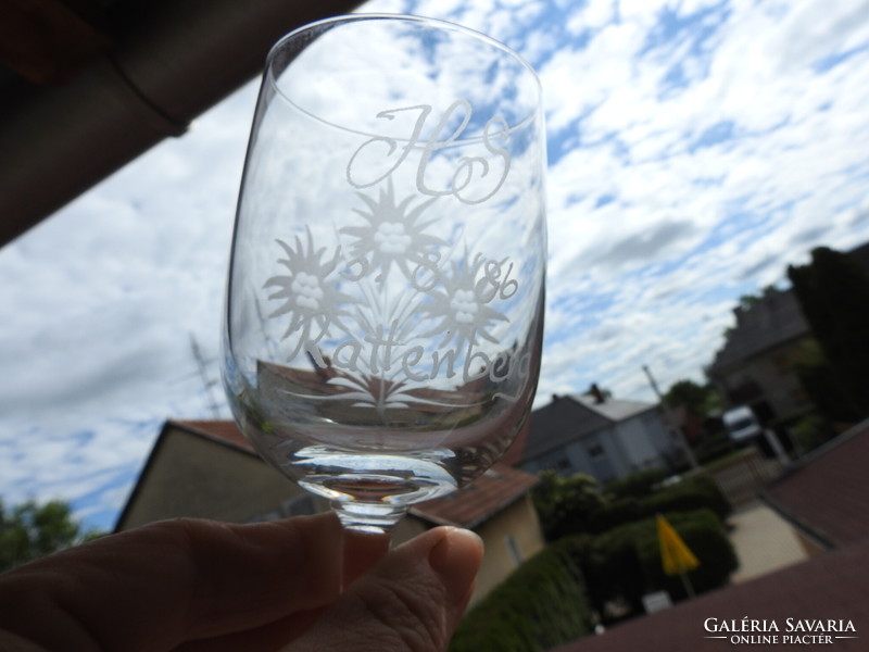 Set of old, hand-polished snowflake patterned monogrammed and vintage wine glasses