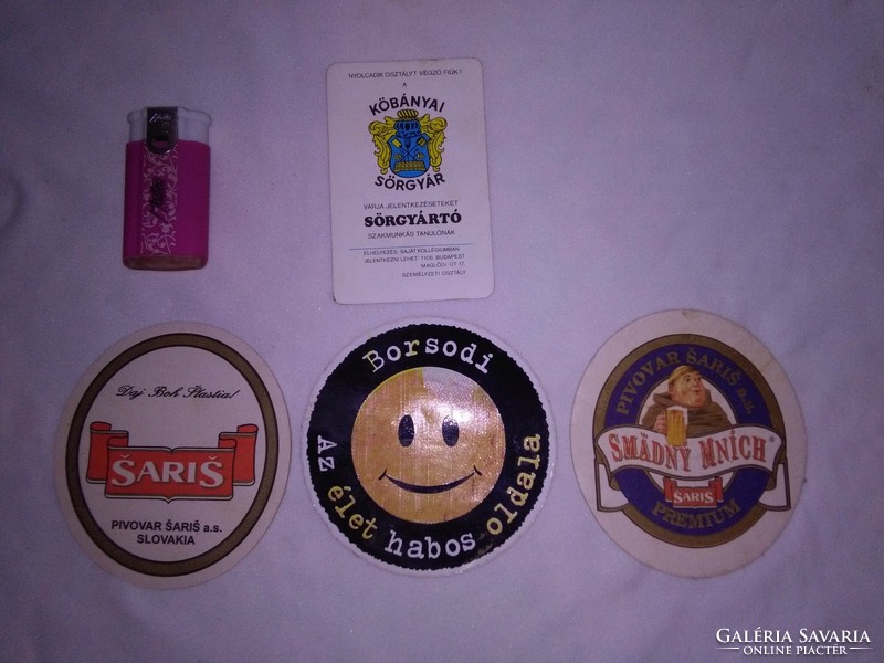 Retro Kőbánya brewery card calendar 1977, two beer coasters, one Borsod sticker - together