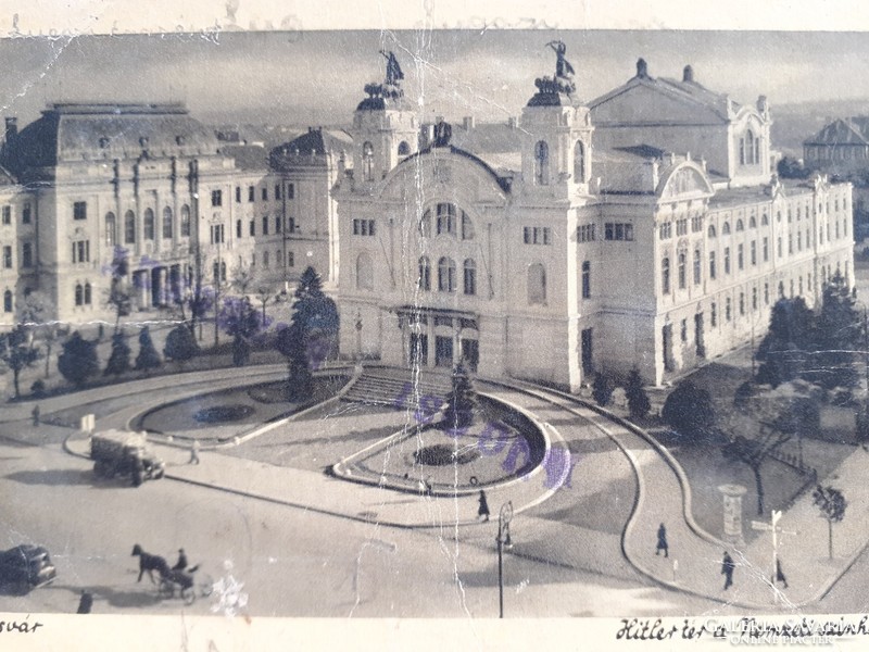 Régi képeslap 1942 Kolozsvár Hitler tér Nemzeti színház fotó levelezőlap