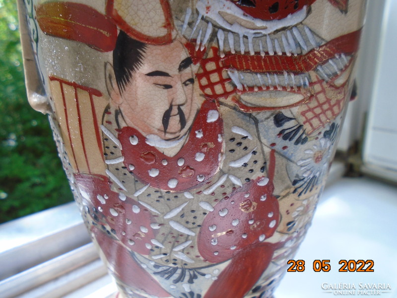 19.sz Japán Satsuma Kyoto Shinto 6 szögletes váza 4 oroszlánfejes lábacskán  31 cm
