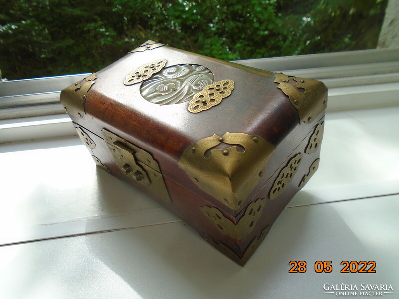 1940 Shanghai Rosewood Jewelry Box Carved with Jade Insert, Chiseled Copper Fittings