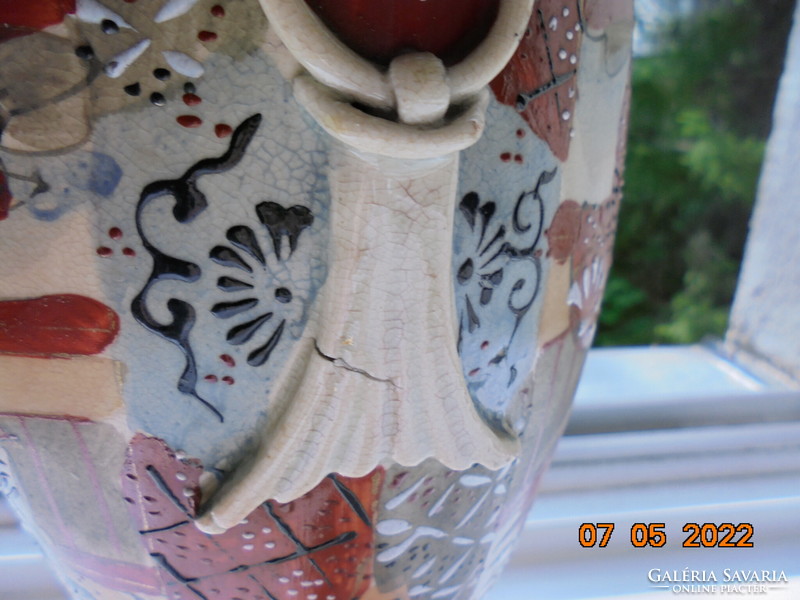 19.sz Japán Satsuma Kyoto Shinto 6 szögletes váza 4 oroszlánfejes lábacskán  31 cm