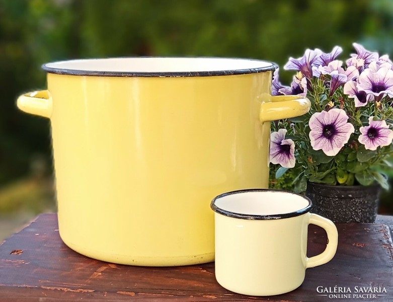 Yellow enamel pan and mug