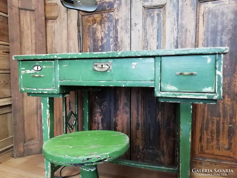 Desk, early 20th century, real vintage piece with copper accessories, pure wooden furniture