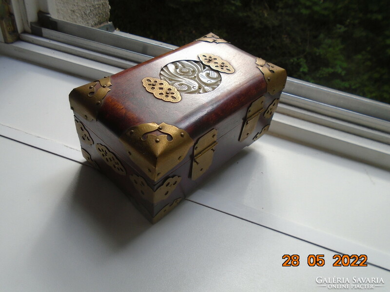 1940 Shanghai Rosewood Jewelry Box Carved with Jade Insert, Chiseled Copper Fittings
