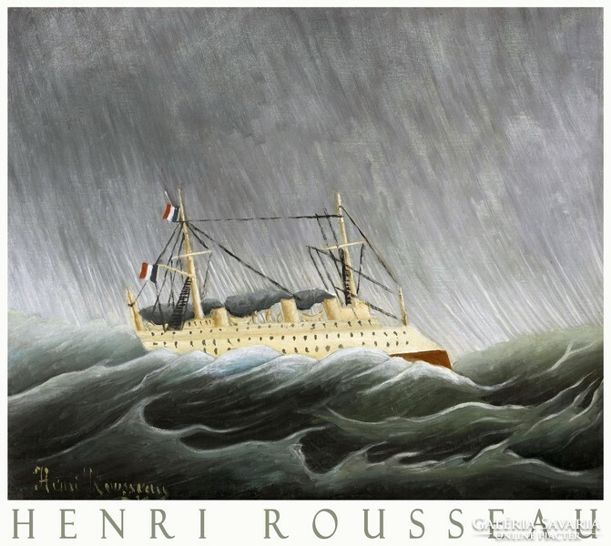 Henri Rousseau ship in the storm 1899 naive painting art poster, sea waves rain steamer