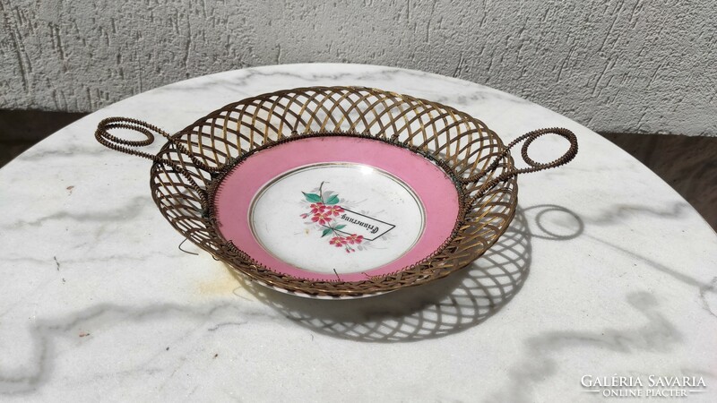 Antique centerpiece offering porcelain bowl with copper needlework tabs