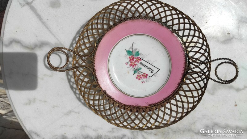 Antique centerpiece offering porcelain bowl with copper needlework tabs