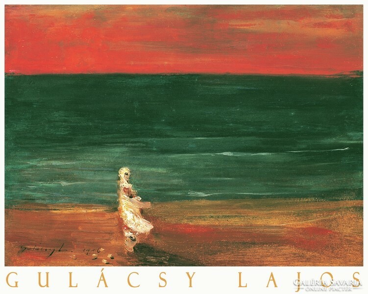 Lajos Gulácsy purple and emerald 1906 painting art poster, cloaked figure beach sunset