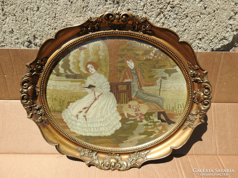 Art Nouveau woven needle tapestry - picnic outdoors - in oval blondel frame