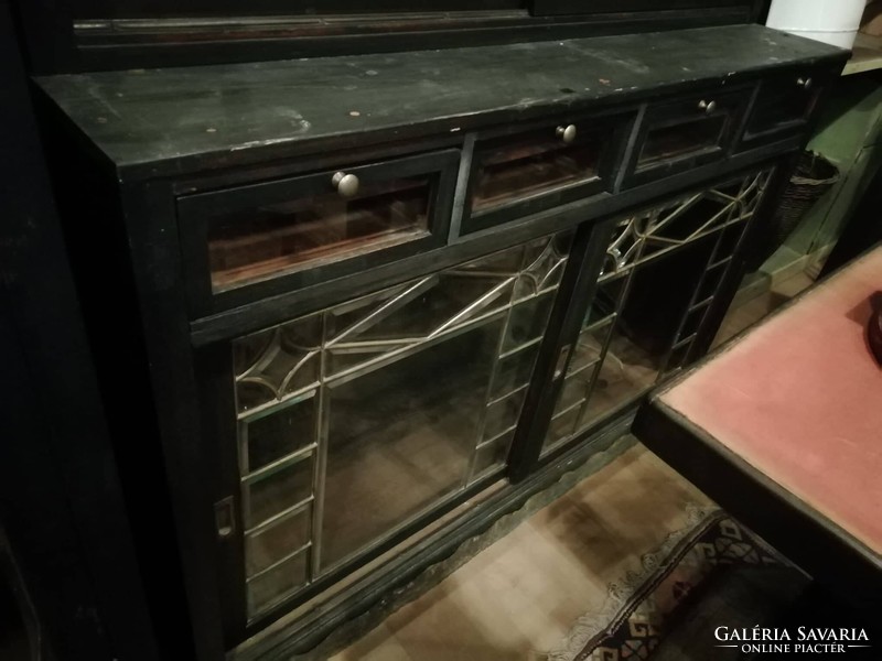 Art Nouveau style engraved 1901 furniture with chest of drawers and faceted glass showcases