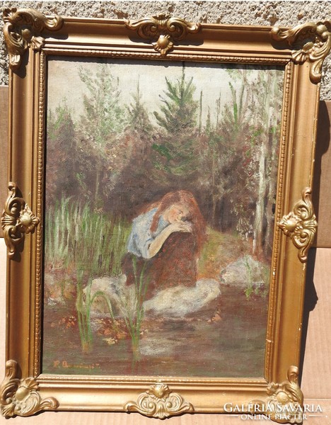 Ismeretlen festő -  Bánat - olaj vászon festmény blondel keretben