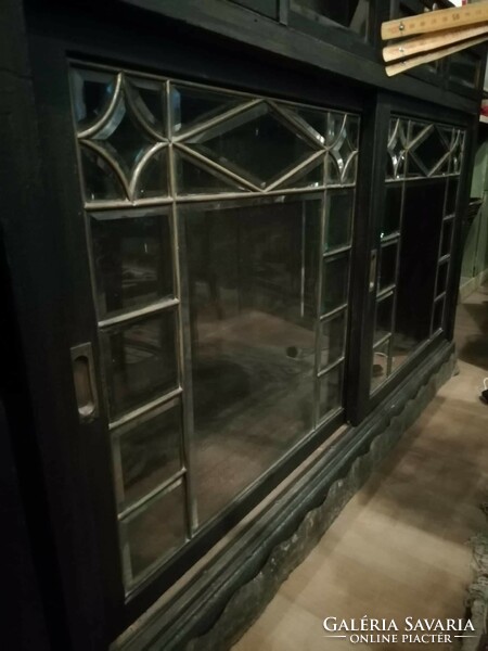 Art Nouveau style engraved 1901 furniture with chest of drawers and faceted glass showcases