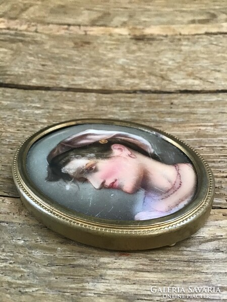 Antique hand painted porcelain picture in copper frame