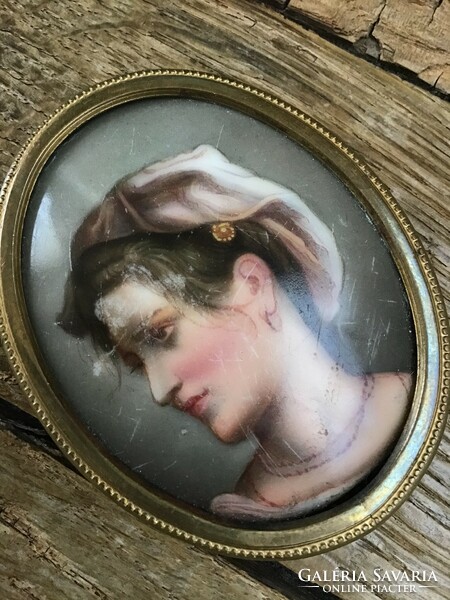 Antique hand painted porcelain picture in copper frame