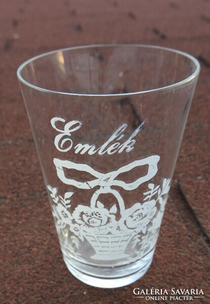 Old polished souvenir glass with bouquet pattern