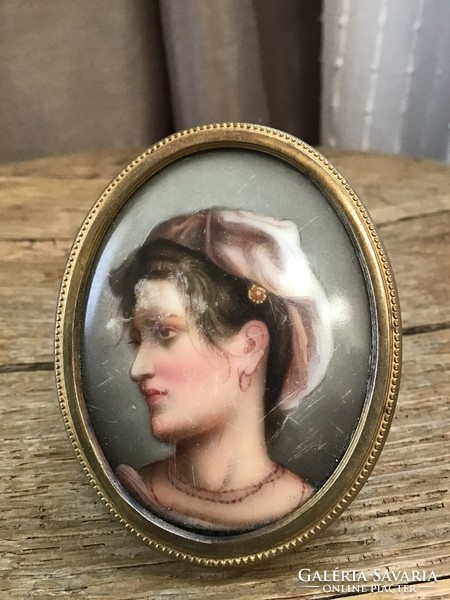 Antique hand painted porcelain picture in copper frame