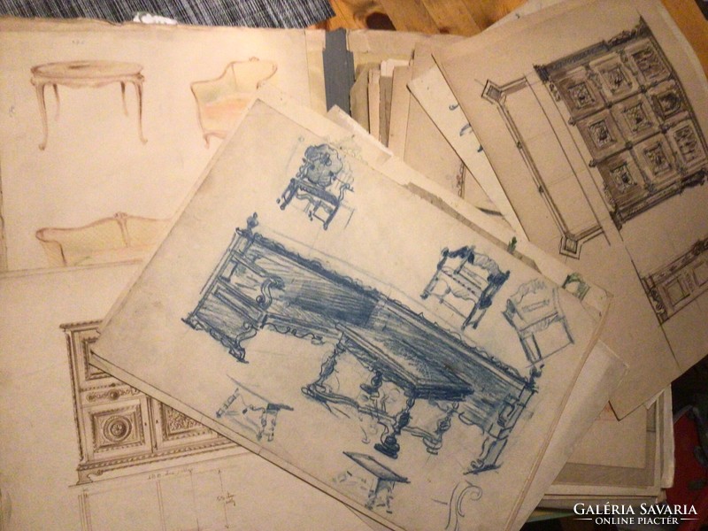 Antique furniture and interior design drawings.