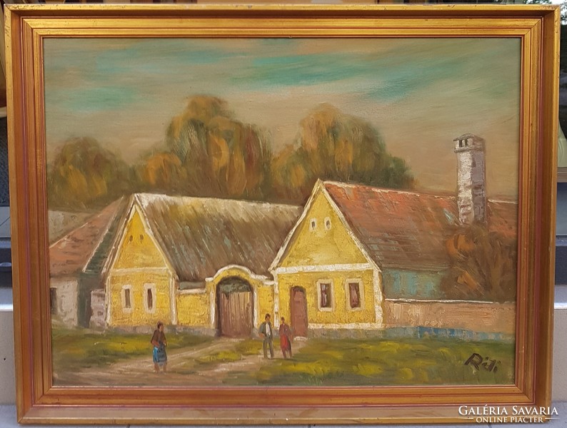 Réti Mátyás (1922-2002.) : Bakonybéli házak, 60x80 cm.