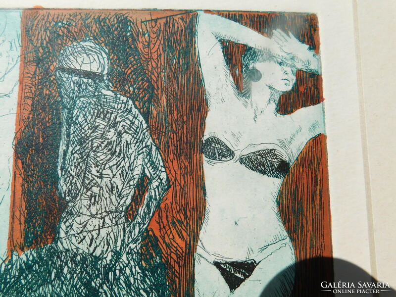 Zoltán Hermann: sunbathers, 1986. Zinc etching, watercolor, graphics
