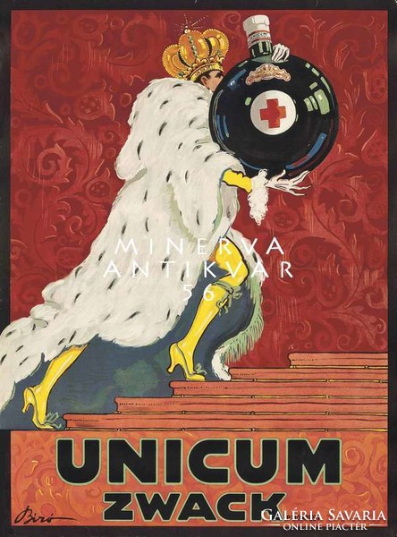 Unicum Zwack reklám plakát reprint nyomat Bíró Mihály király palást korona vintage szeszes ital üveg