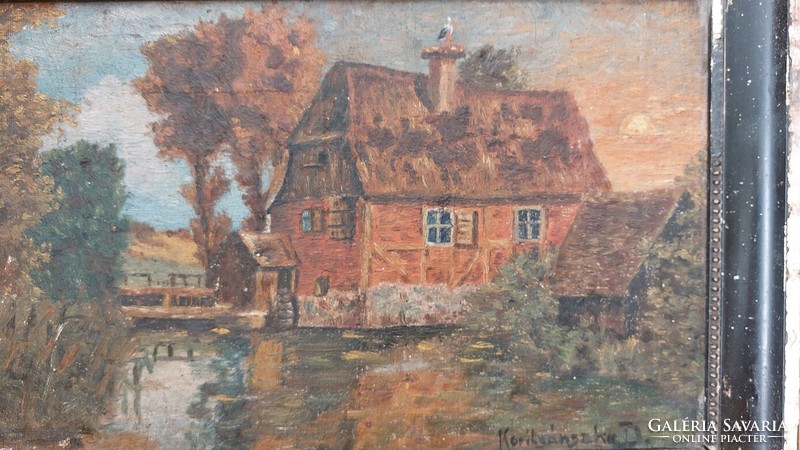 (K) Antik vízparti ház gólyával 41x25 cm kerettel Koritsánszky D szignóval