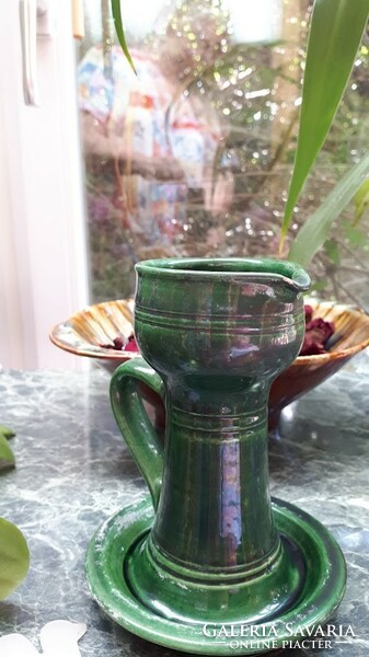 Green glazed ceramic walking candlestick 14.5 Cm