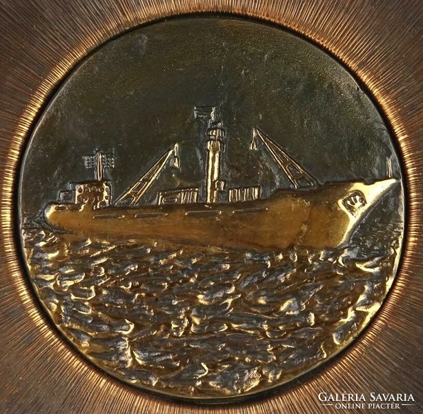 1J125 Mid century ötvösmunka hajós bronz fali dísztál 27 cm