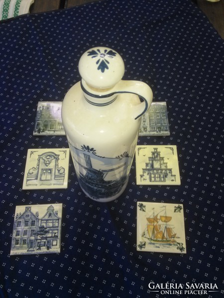 Delft Dutch porcelain bottle with stopper and tile coasters