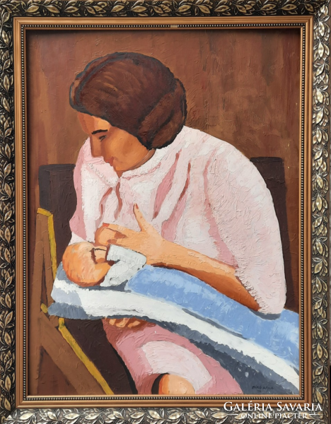 Bíró Attila: Gyermekét szoptató anya (kerettel, jelzett olaj- farost, 1971) életkép, jelenet