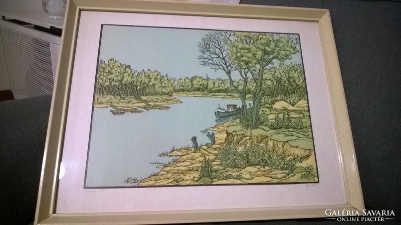 Mihály Gácsi (1926-1987) on the lake shore color with lithography frame