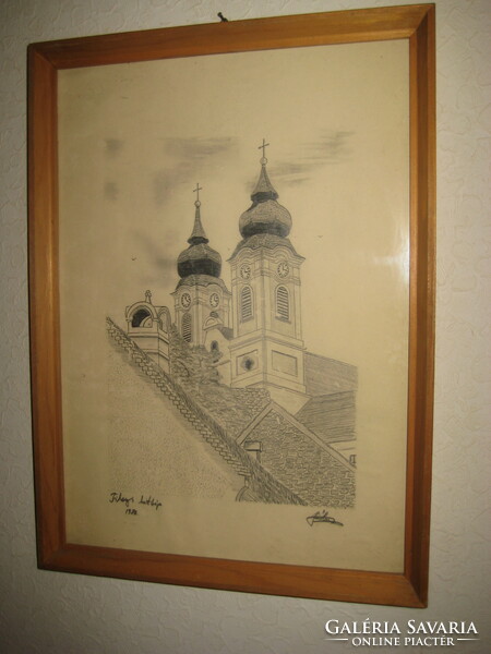 Tihany skyline, 1982 unique, graphics, pencil drawing under glass, signed!